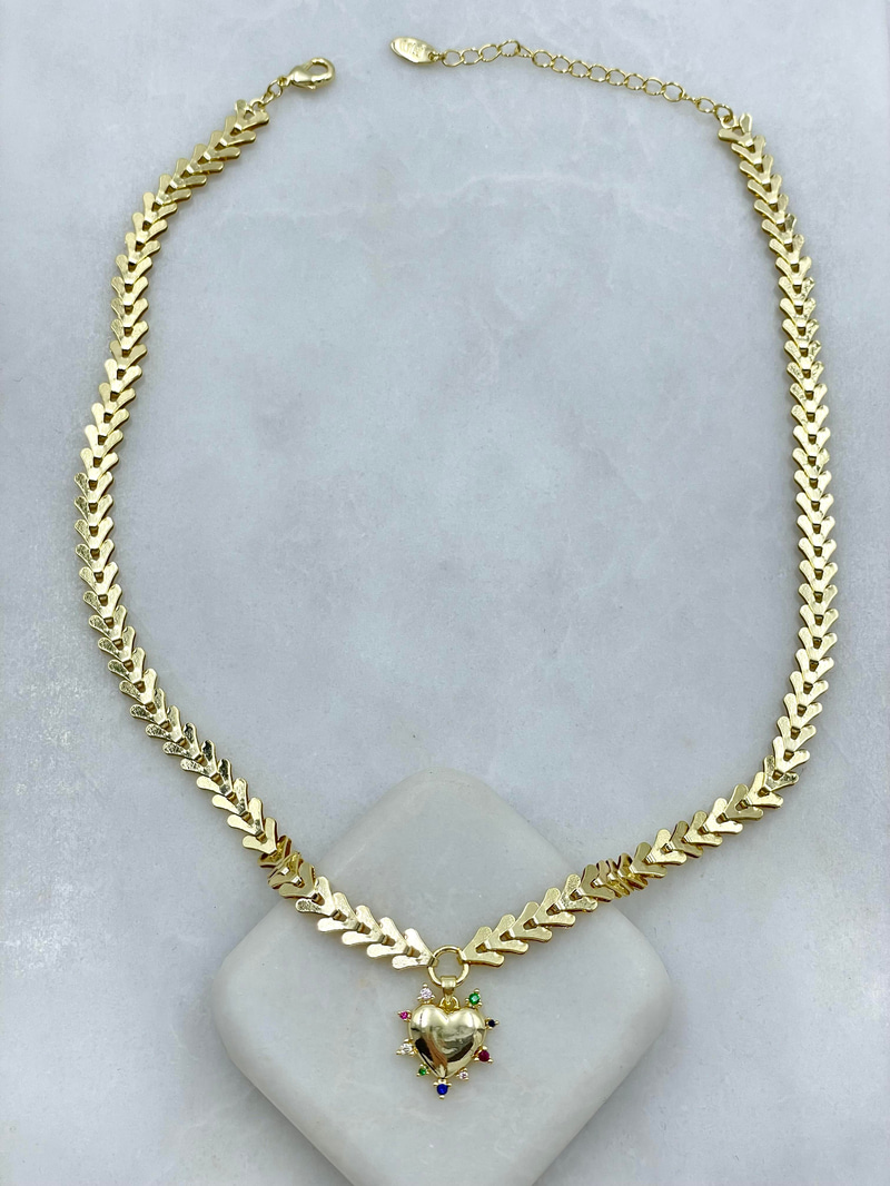 Altın Kaplama Renkli Kalp Balık Sırtı Kolye Gold