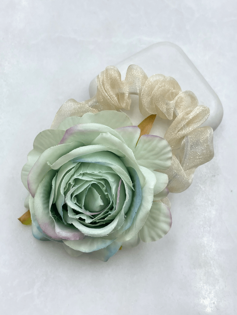 Organze Tül Gül Model Scrunchie Toka Turkuaz Renk
