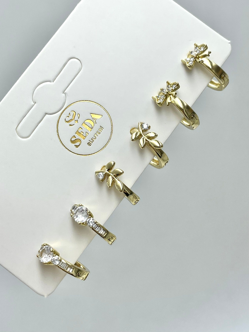 Özel Seri Kristal Taşlı Kurdele ve Yaprak Model Altılı Set Küpe Gold