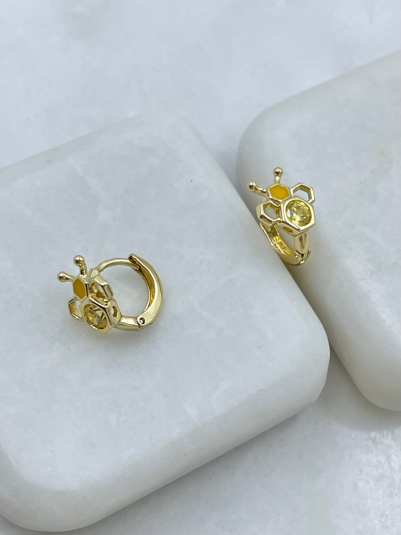 Özel Seri Kristal Taşlı Arılı Petek Model Küpe Gold