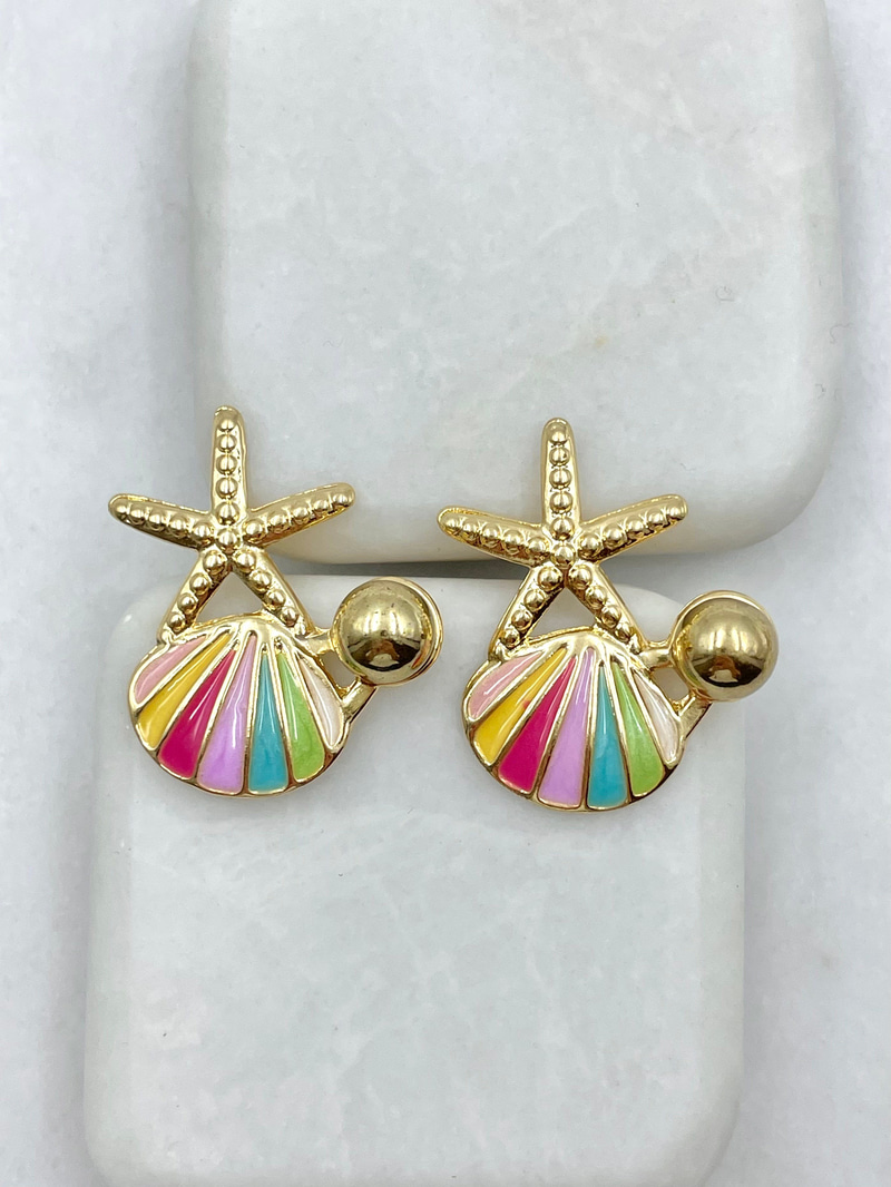 Renkli Mineli Deniz Kabuğu ve Yıldızı Küpe Gold