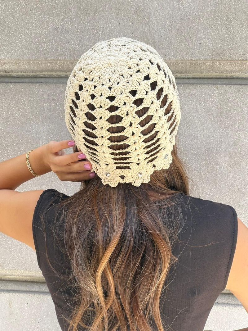 Taşlı File Bandana Şapka Bej