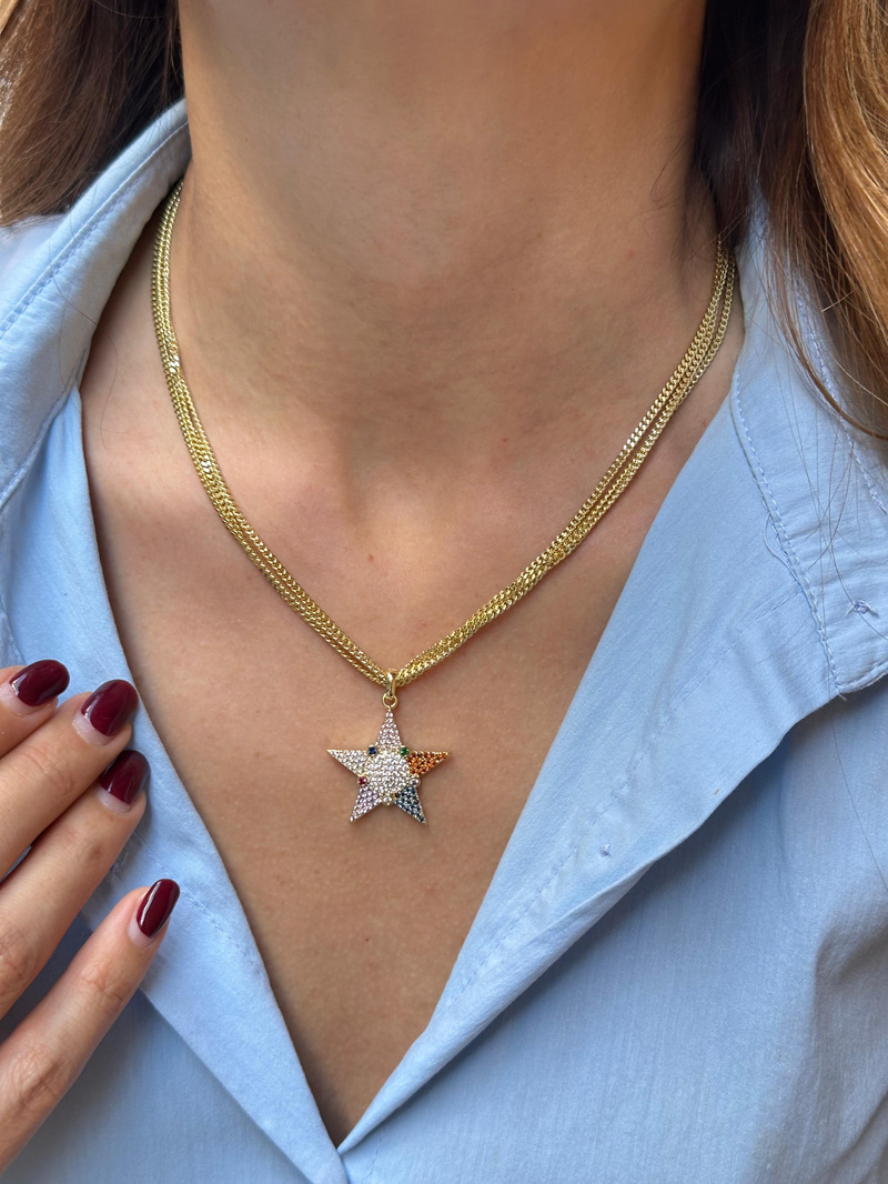 Altın Kaplama Renkli Kristal Taşlı Yıldız Kolye Gold