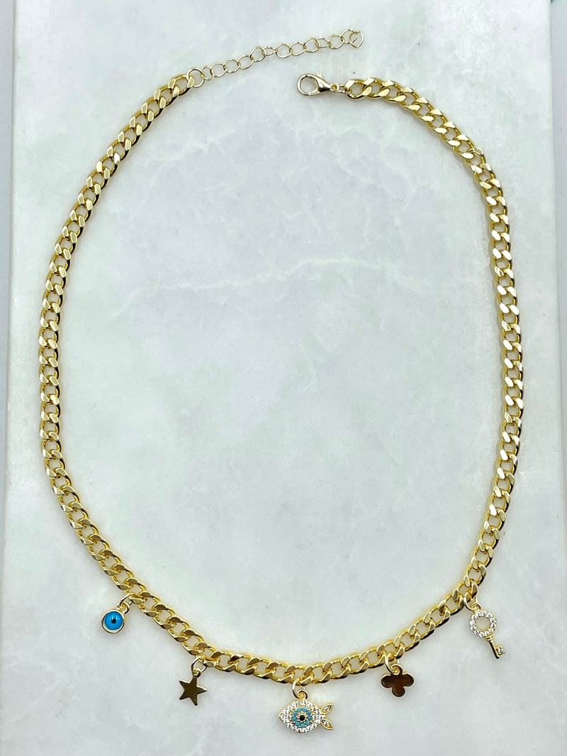 Gömme Taşlı Balık Sallantılı Zincir Kolye Gold