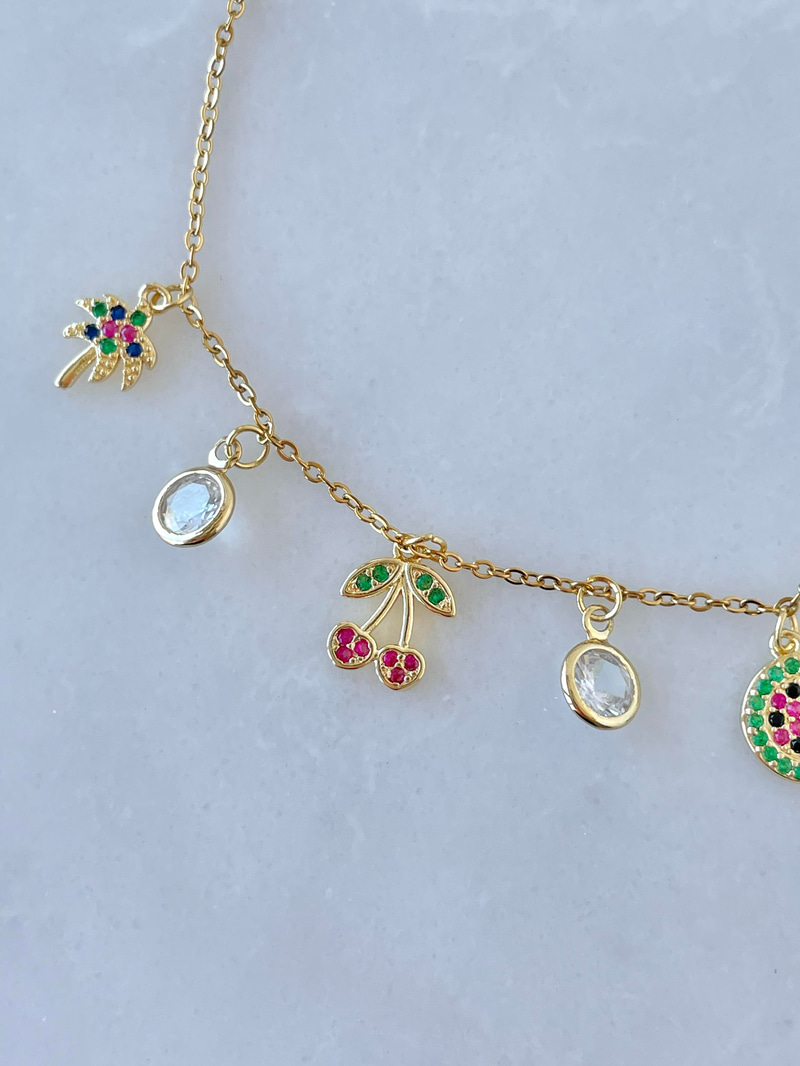 Çelik Renkli Kiraz ve Karpuz Sallantılı Bileklik Gold