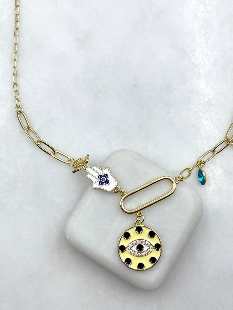 Altın Kaplama Mineli Göz ve Fatma Ana Eli Sallantılı Kolye Gold