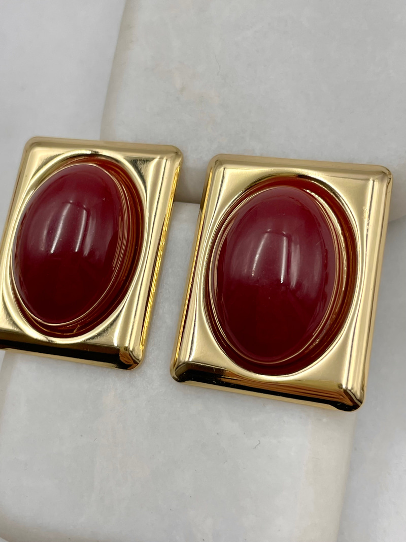 Oval Taşlı Dikdörtgen Vintage Küpe Bordo