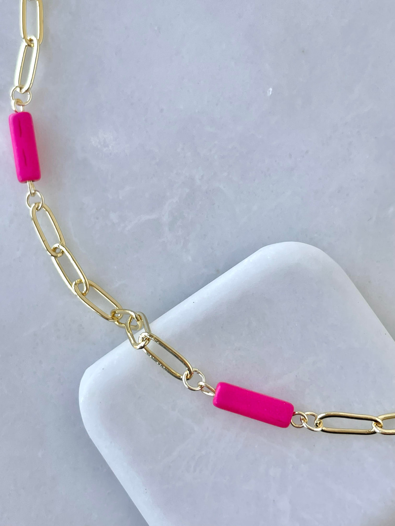 Altın Kaplama Boncuklu Oval Zincir Kolye 90 cm Pembe