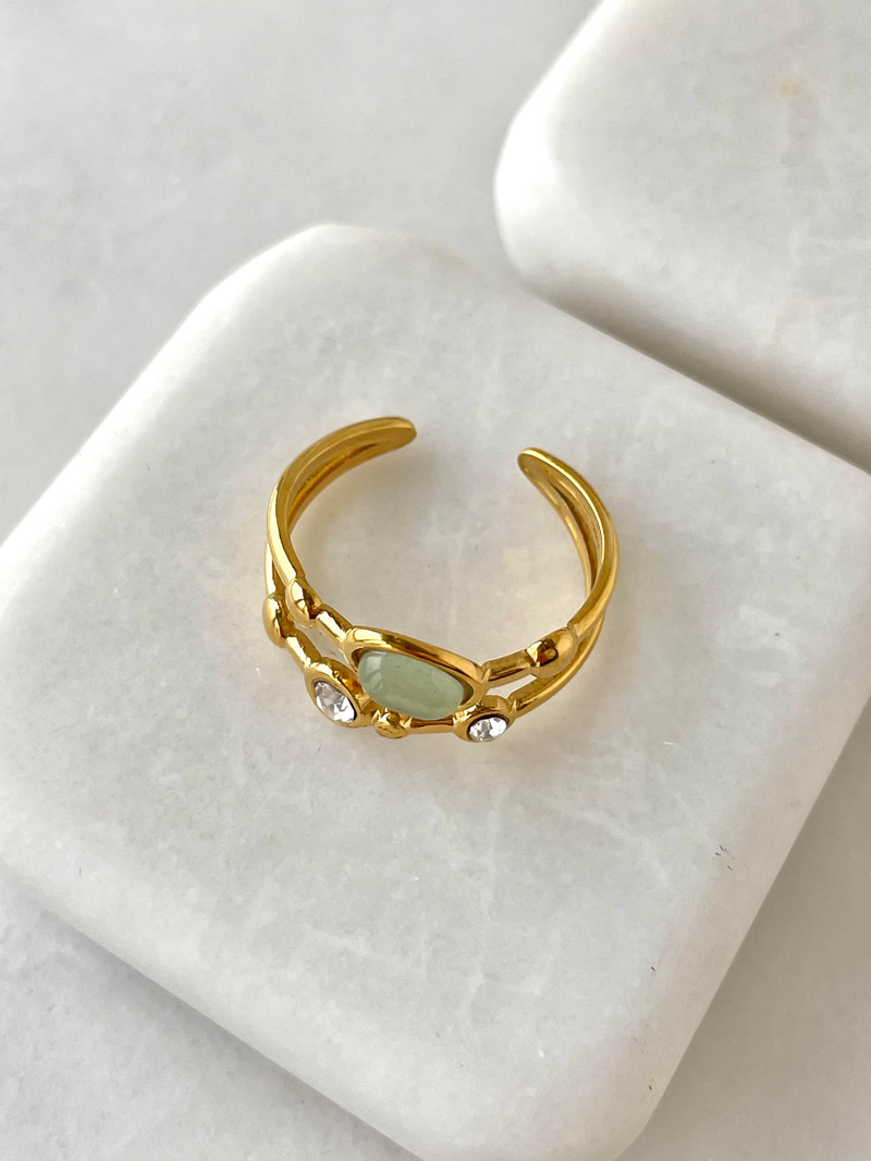 Çelik Opal ve Kristal Taşlı Çift Sıra Yüzük Yeşil
