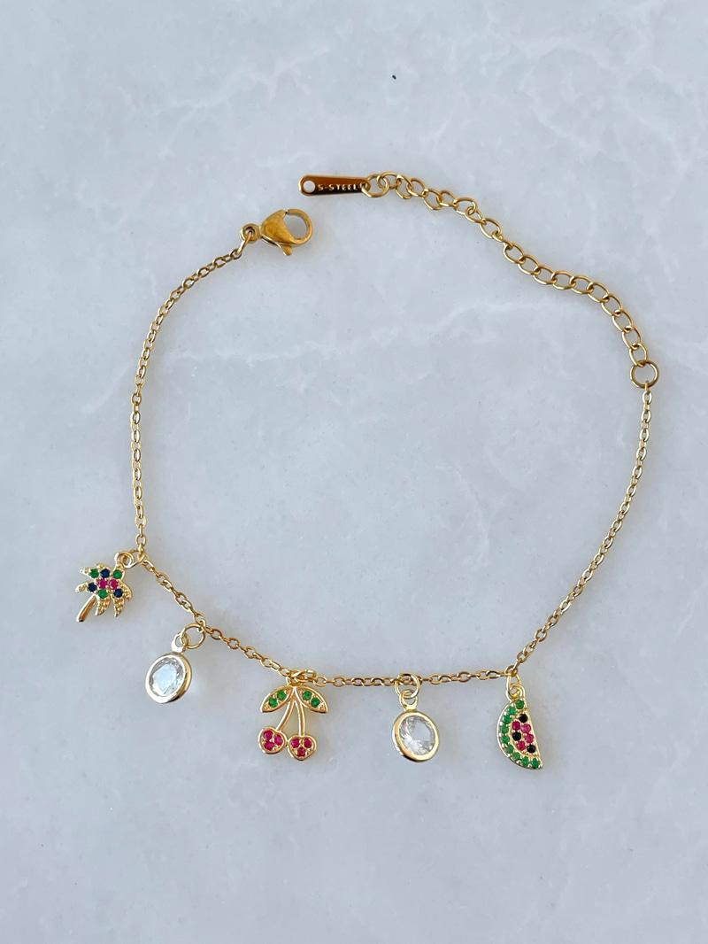 Çelik Renkli Kiraz ve Karpuz Sallantılı Bileklik Gold