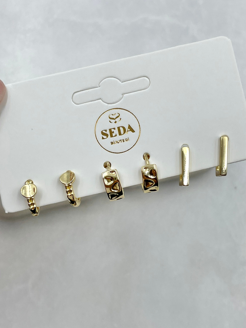 Özel Seri Altılı Ezme Plaka Set Küpe Gold