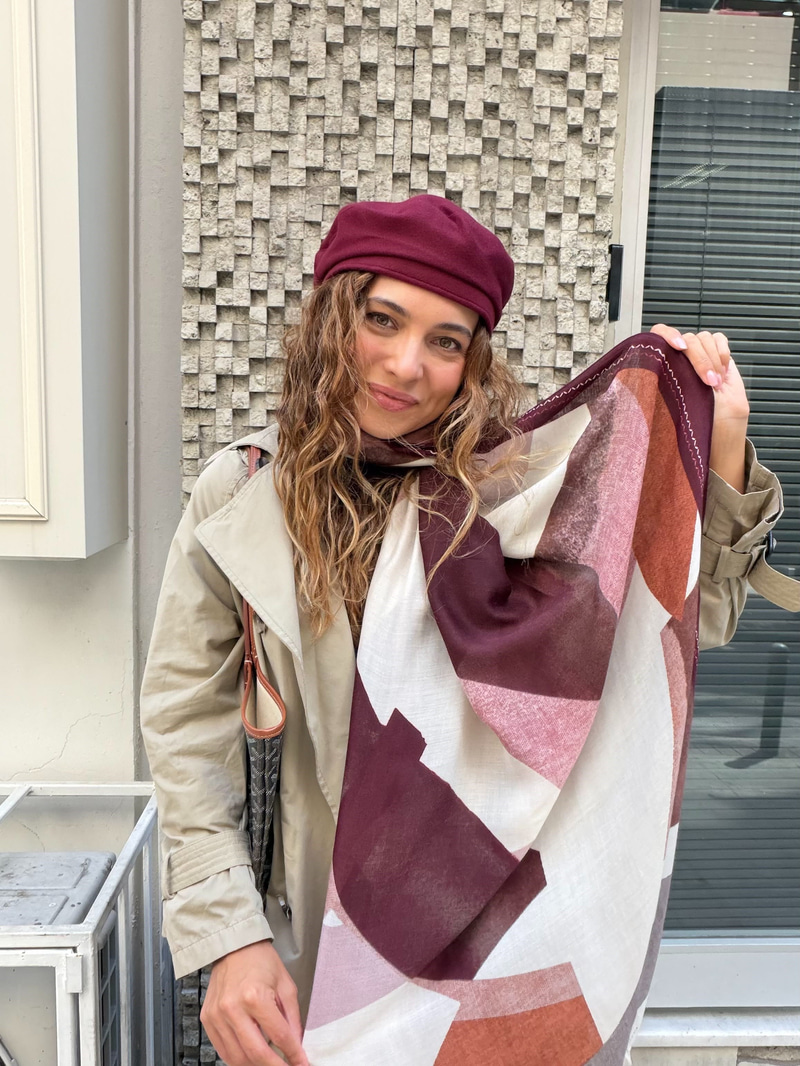Geometrik Desenli Kaşmir Dokulu Şal Bordo