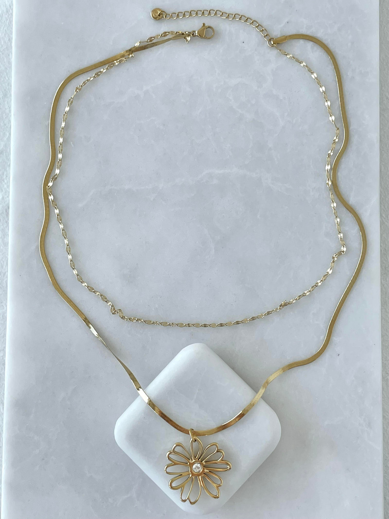 Çelik Çiçek Sallantılı Işıltılı Çift Zincir Kolye Gold