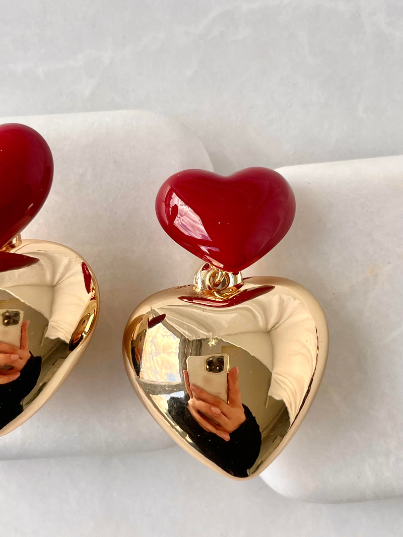Gold Bombe Kalp Sallantılı Bordo Küpe