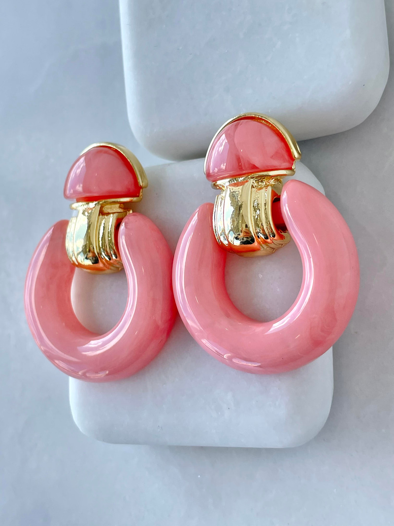 Gold Detaylı Epoksi Vintage Küpe Pembe
