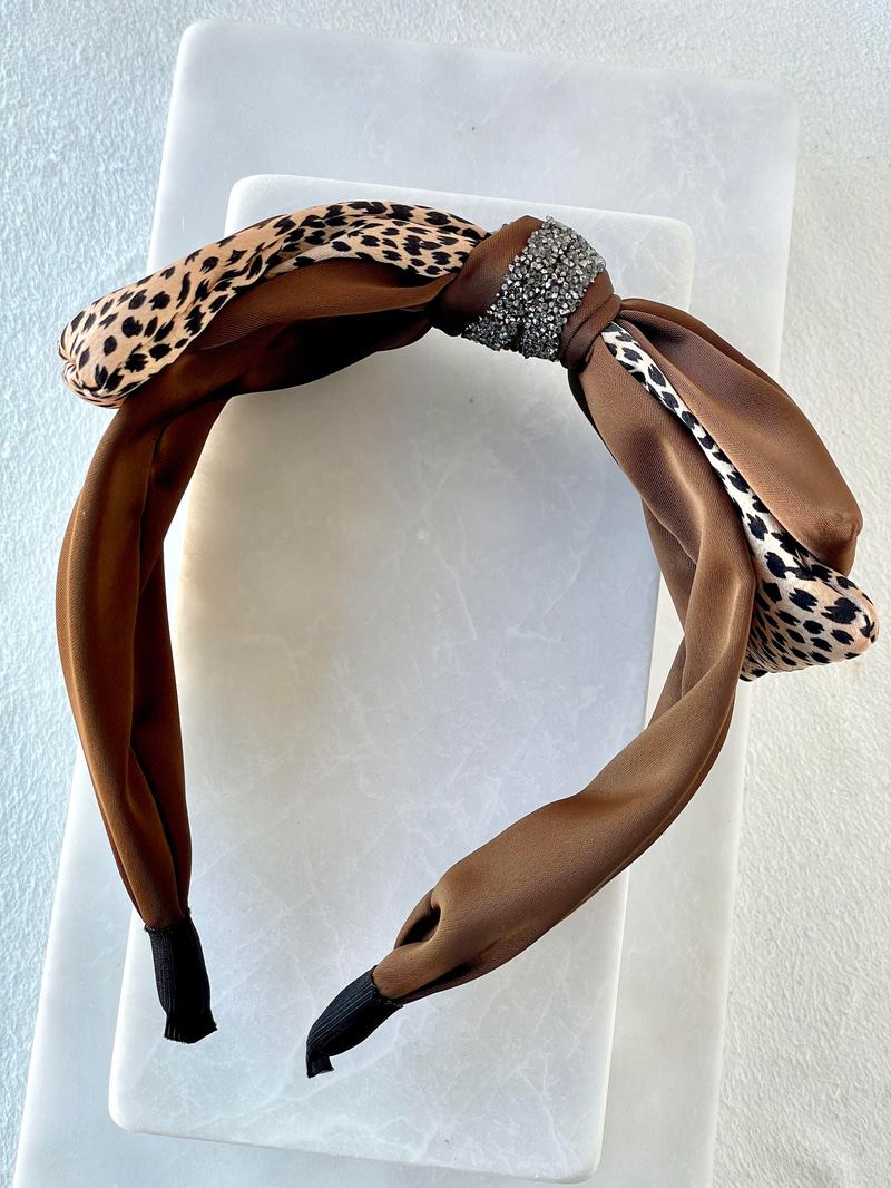 Leopar Desenli Saten Fiyonk Bandana Taç Bej