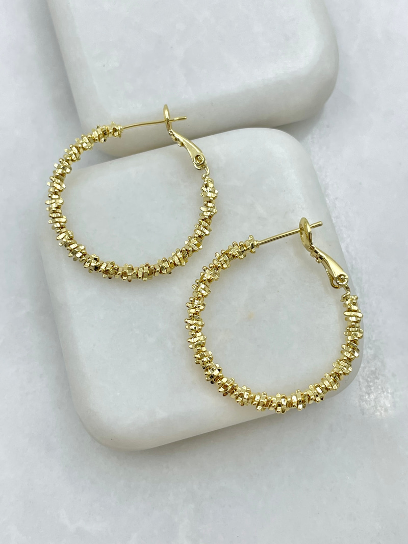 Altın Kaplama Dişli Dokulu İnce Halka Küpe 3 cm Gold