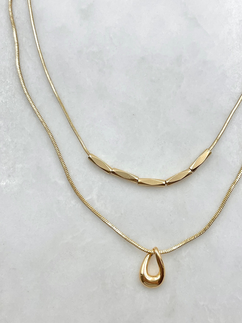 İçi Boş Damla Sallantılı İkili Zincir Kolye Gold