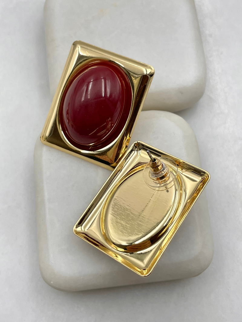 Oval Taşlı Dikdörtgen Vintage Küpe Bordo