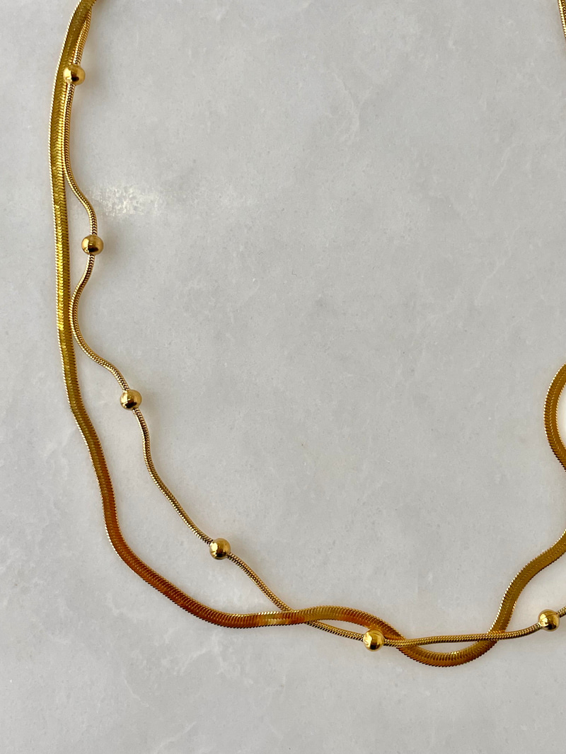Çelik Topçuklu ve İtalyan Çift Sıra Kolye Gold