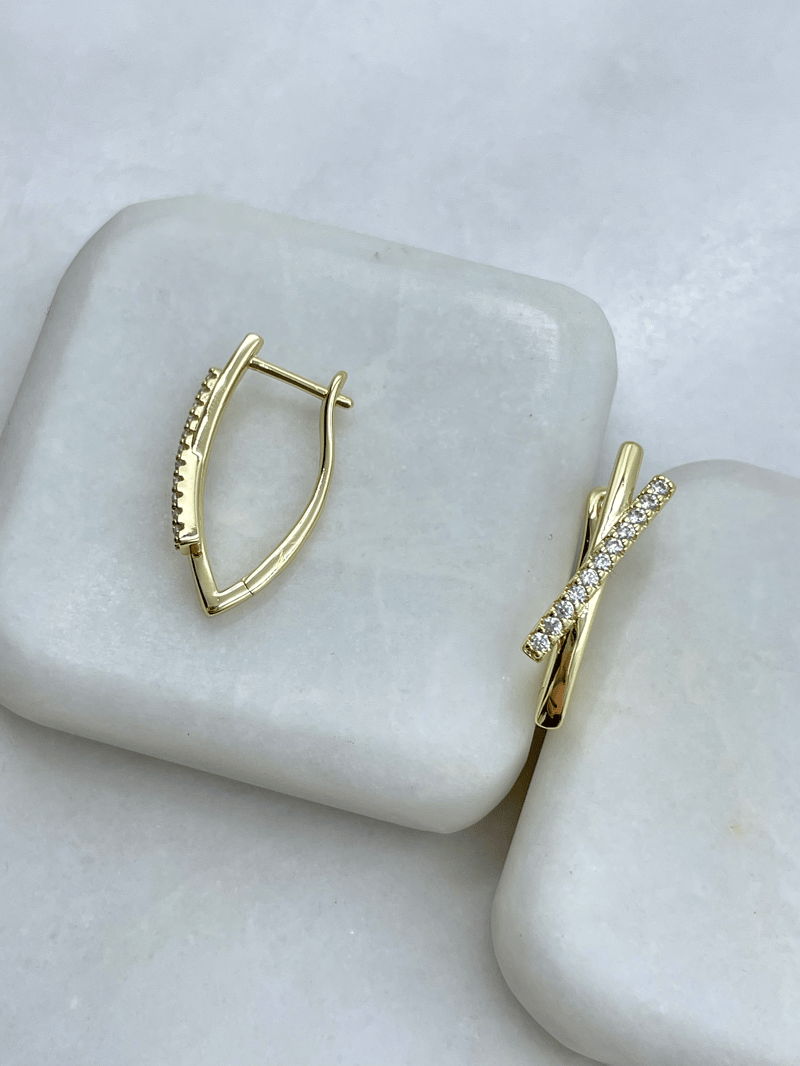 Altın Kaplama Gömme Taşlı Çapraz Model Küpe Gold