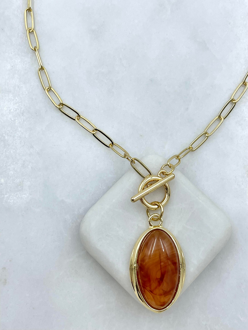 Altın Kaplama Oval Doğal Taşlı Önden Kilit Vintage Kolye Kehribar