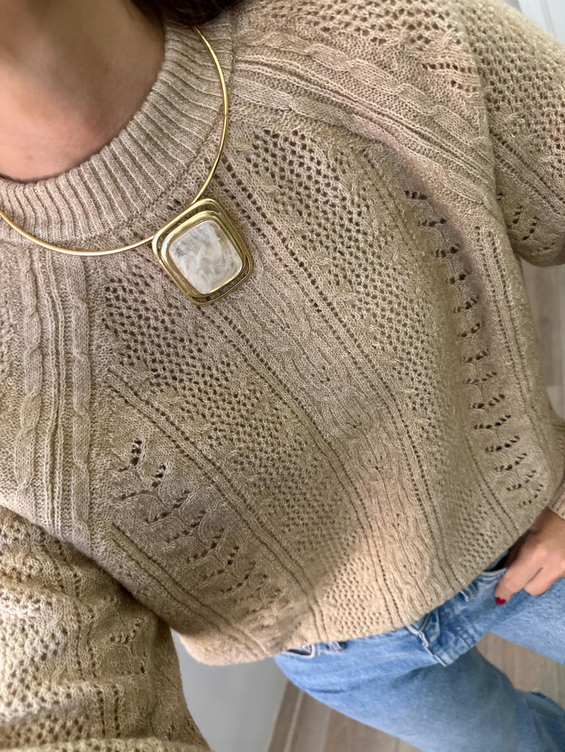 Altın Kaplama Doğal Taşlı Kare Model Vintage Choker Kolye Ekru