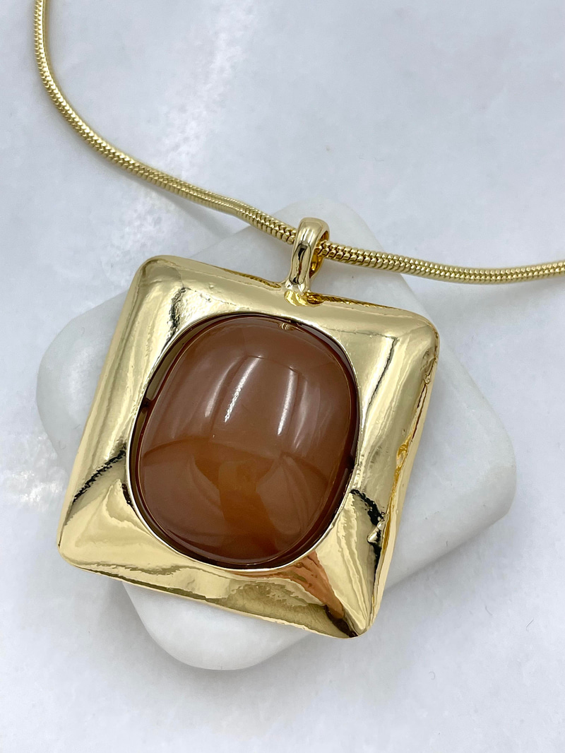 Altın Kaplama Gold Çerçeveli Doğal Taş Vintage Kolye Kahve