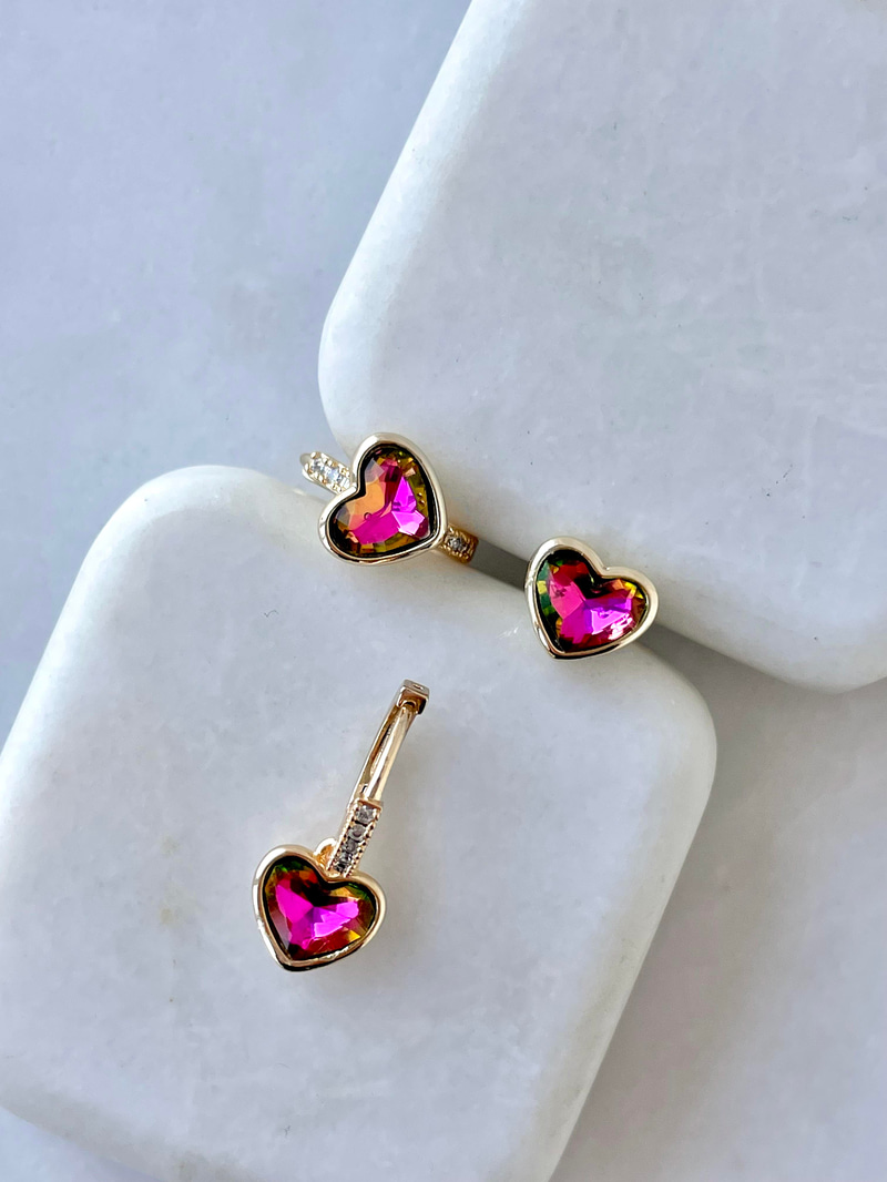 Özel Seri Üçlü Yansımalı Kristal Kalp Küpe Pembe