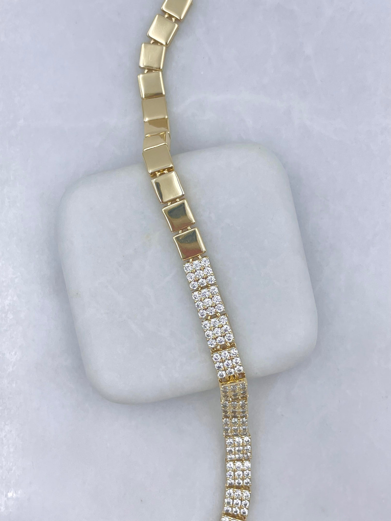 Altın Kaplama Kristal Taşlı Kareli Bileklik Gold