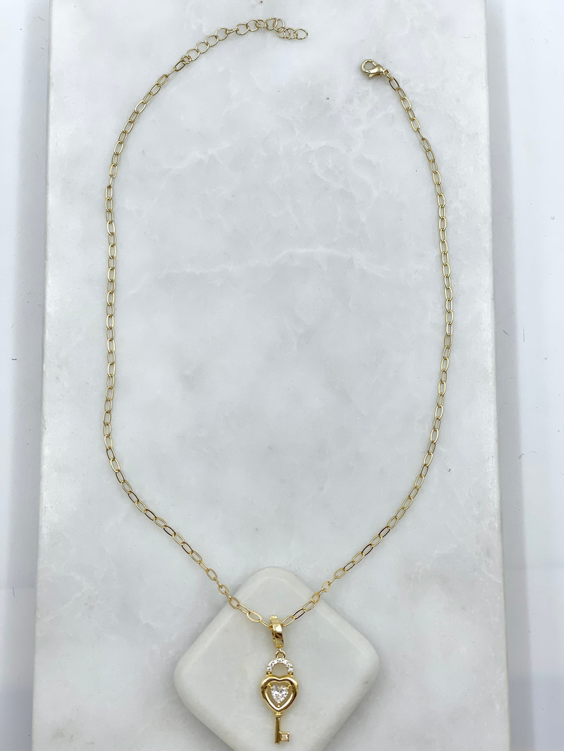 Kristal Kalpli Anahtar Kolye Gold