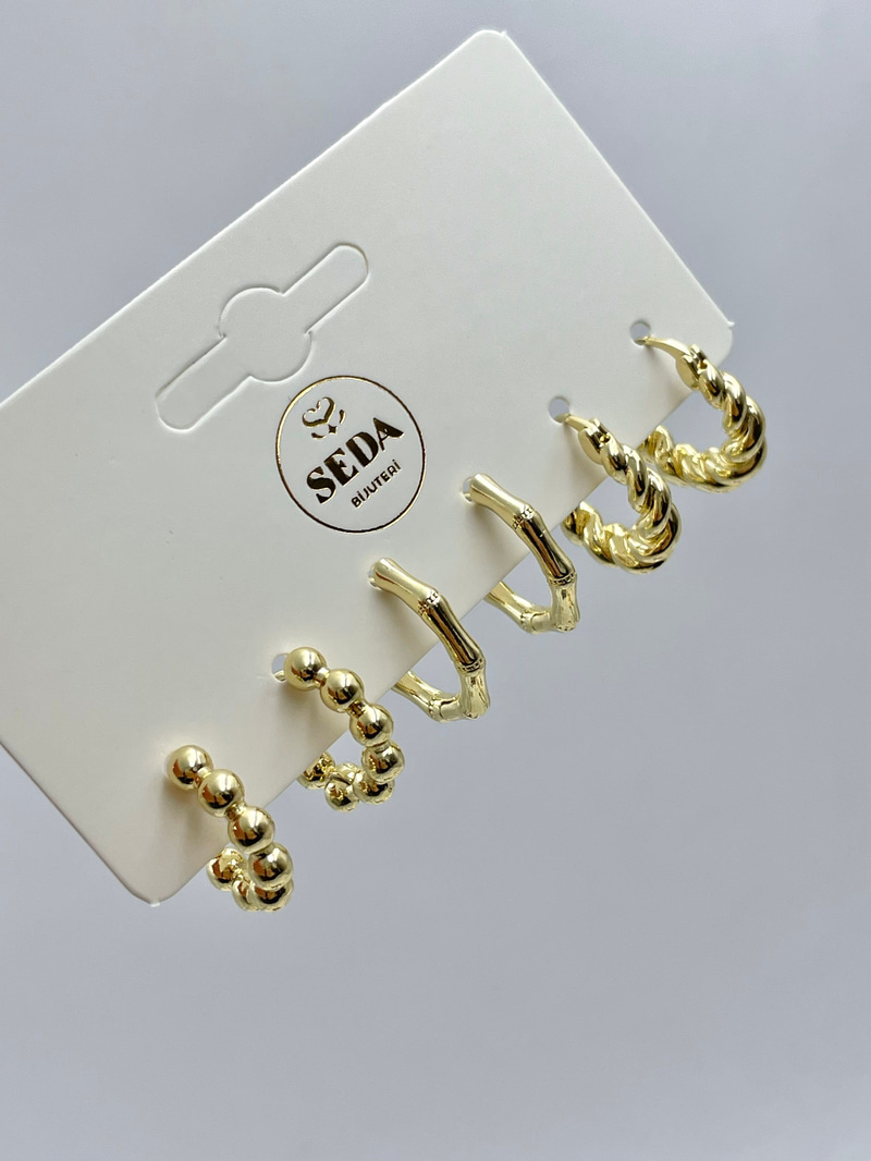 Altın Kaplama Burgu ve Kemik Halka Model Altılı Set Küpe Gold