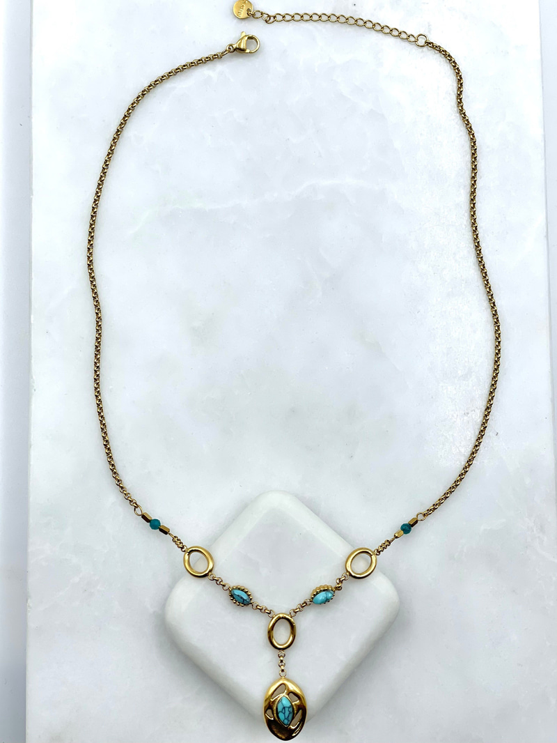 Turkuaz Doğal Taşlı Vintage Kolye Gold