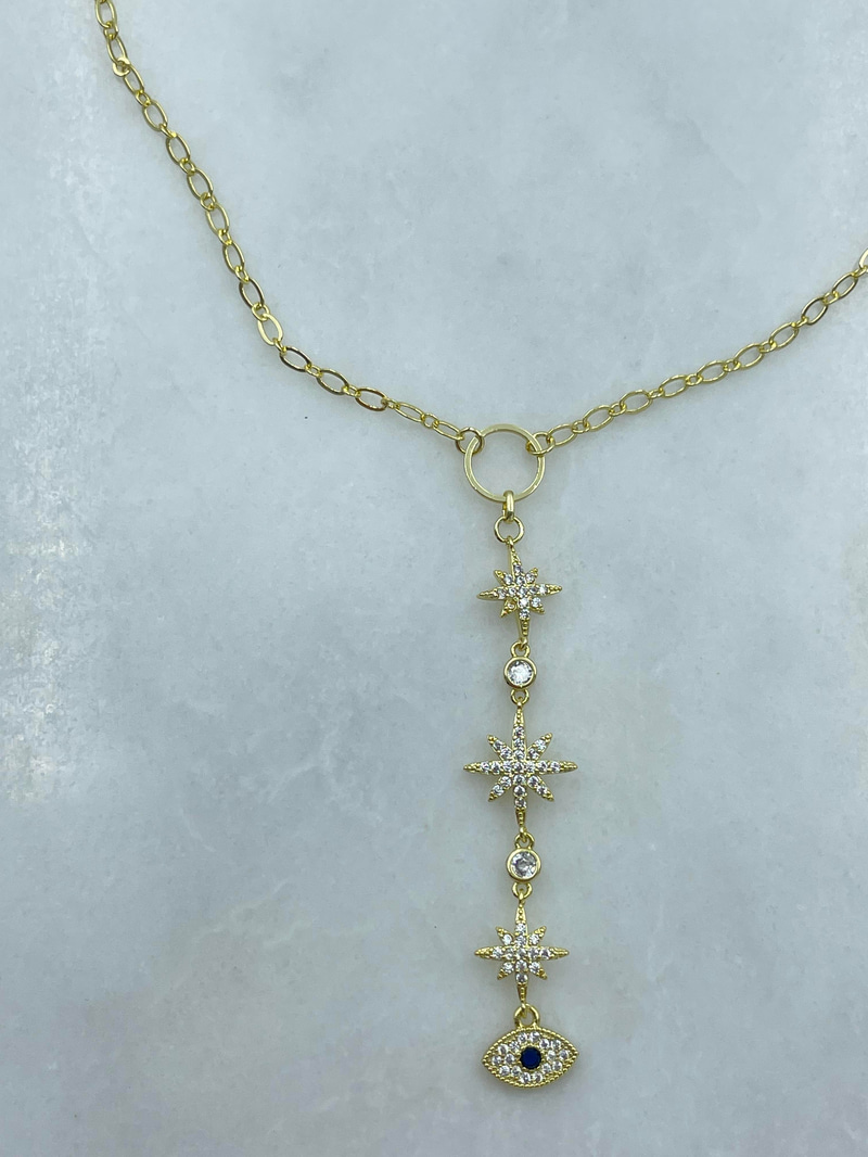 Altın Kaplama Kuzey Yıldızı ve Göz Model Y Kolye Gold