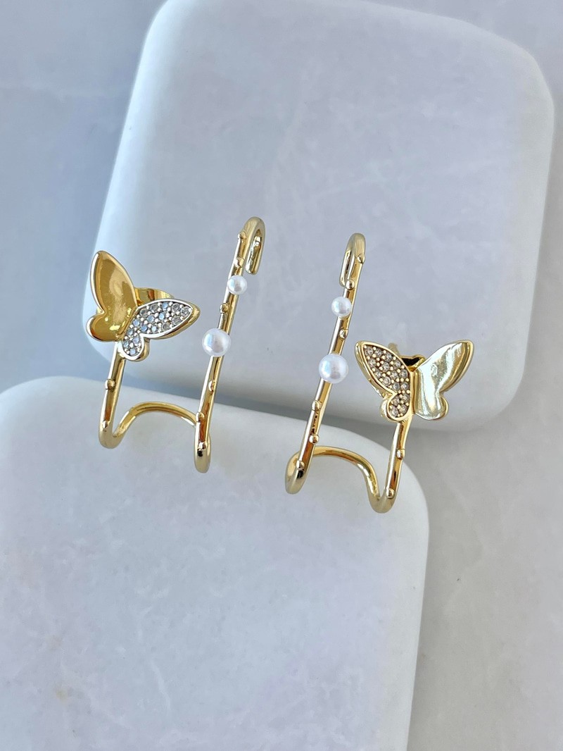 Özel Seri İkili Görünüm İncili Kıkırdak Küpe Gold
