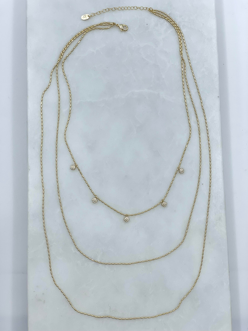 Altın Kaplama Gömme Taş Sallantılı Üçlü Zincir Kolye Gold