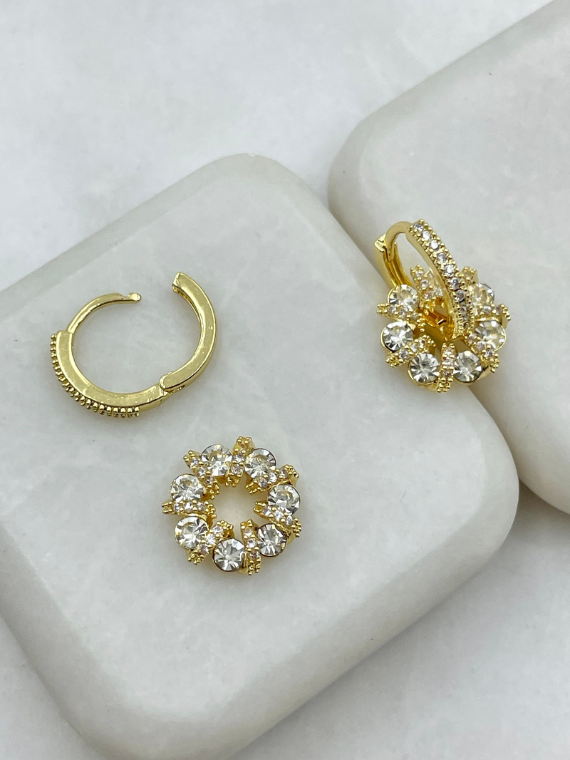 Kristal Taşlı Daire Charmlı Halka Küpe Gold