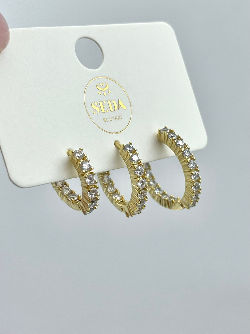 Özel Seri Üçlü Kristal Taşlı Halka Set Küpe Gold