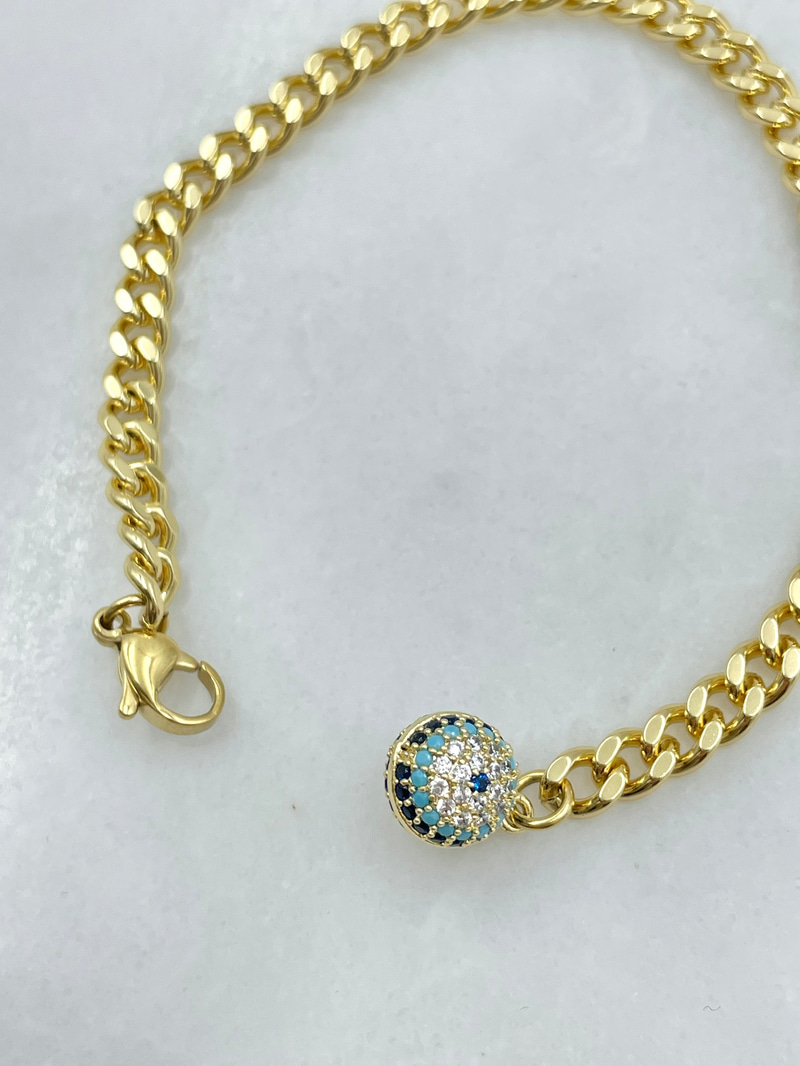 Özel Seri Zirkon Taşlı Nazar Sallantılı Ezme Zincir Bileklik Gold