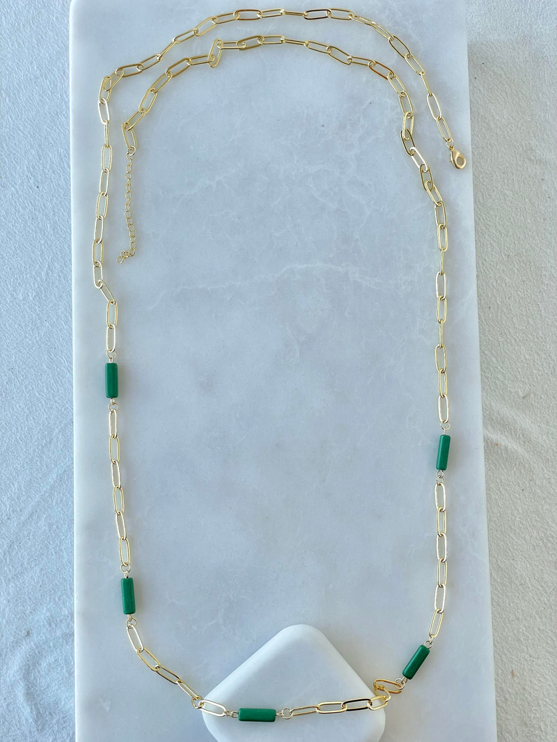 Altın Kaplama Boncuklu Oval Zincir Kolye 90 cm Yeşil