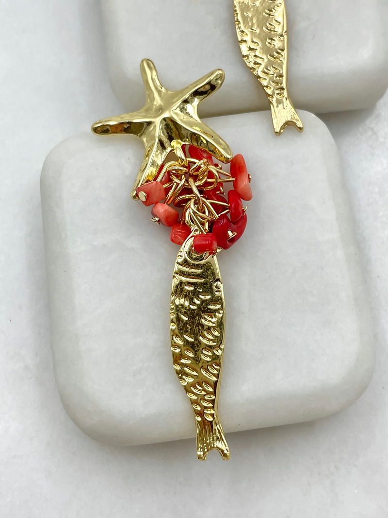 Deniz Yıldızı ve Balık Sallantılı Küpe Gold