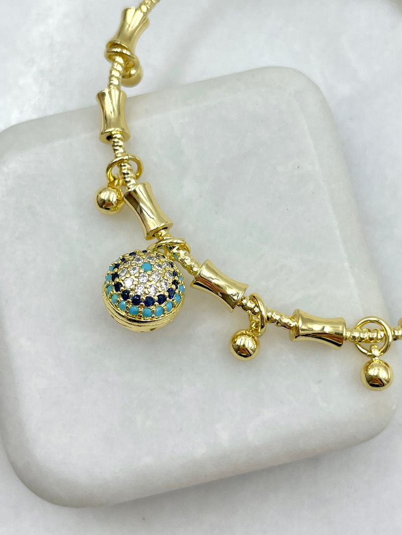 Zirkon Taşlı Nazar ve Topçuk Sallantılı Kelepçe Bileklik Gold