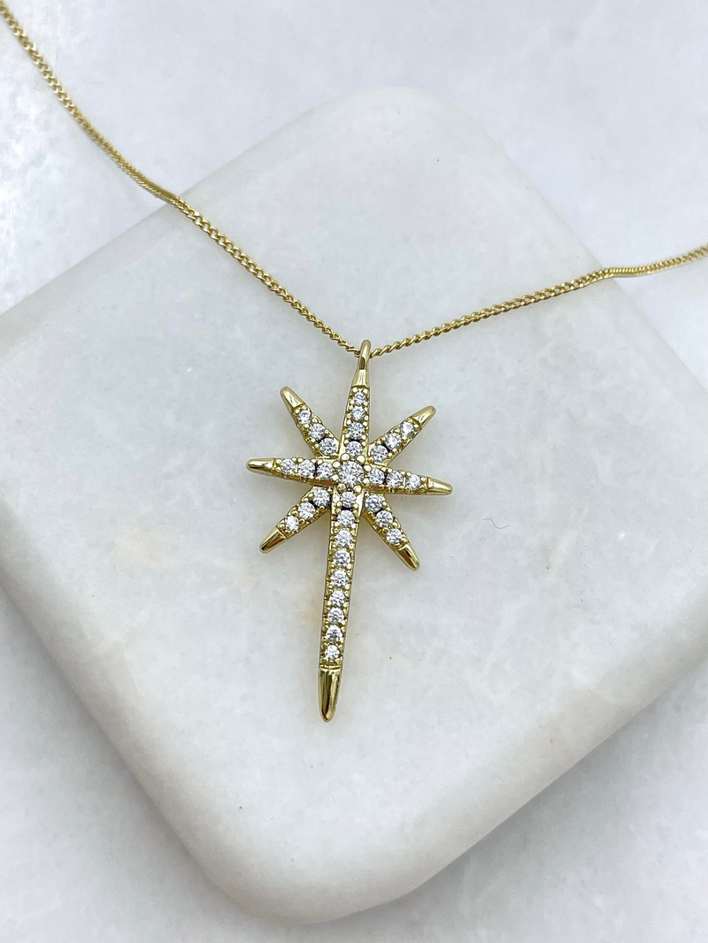 Özel Seri Gömme Taşlı Kuzey Yıldızı Minimal Zincir Kolye 45 cm Gold