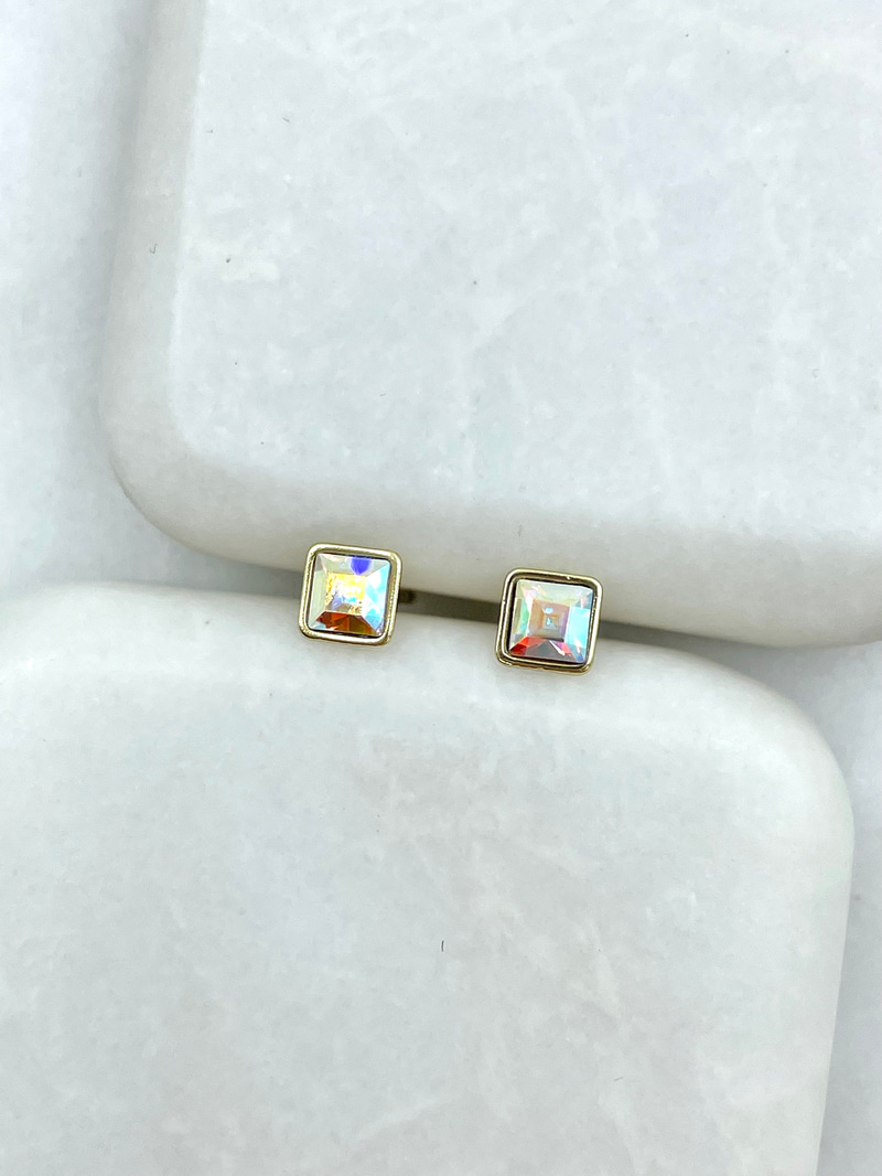 Özel Seri Minik Kare Swarovski Kare Küpe Gold