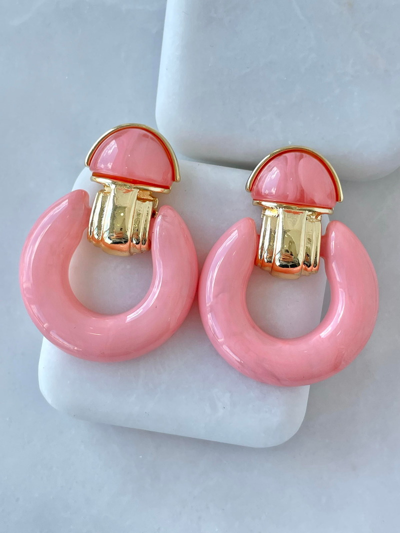Gold Detaylı Epoksi Vintage Küpe Pembe