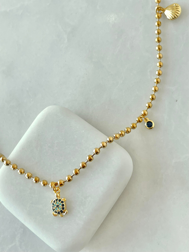 Çelik Gömme Taşlı Kumsal Temalı Topçuk Kolye Gold