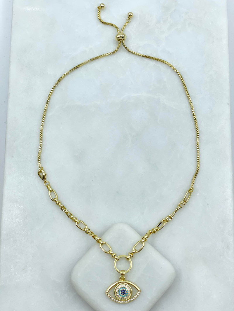 Altın Kaplama Gömme Taşlı Göz Model Asansörlü Kolye Gold