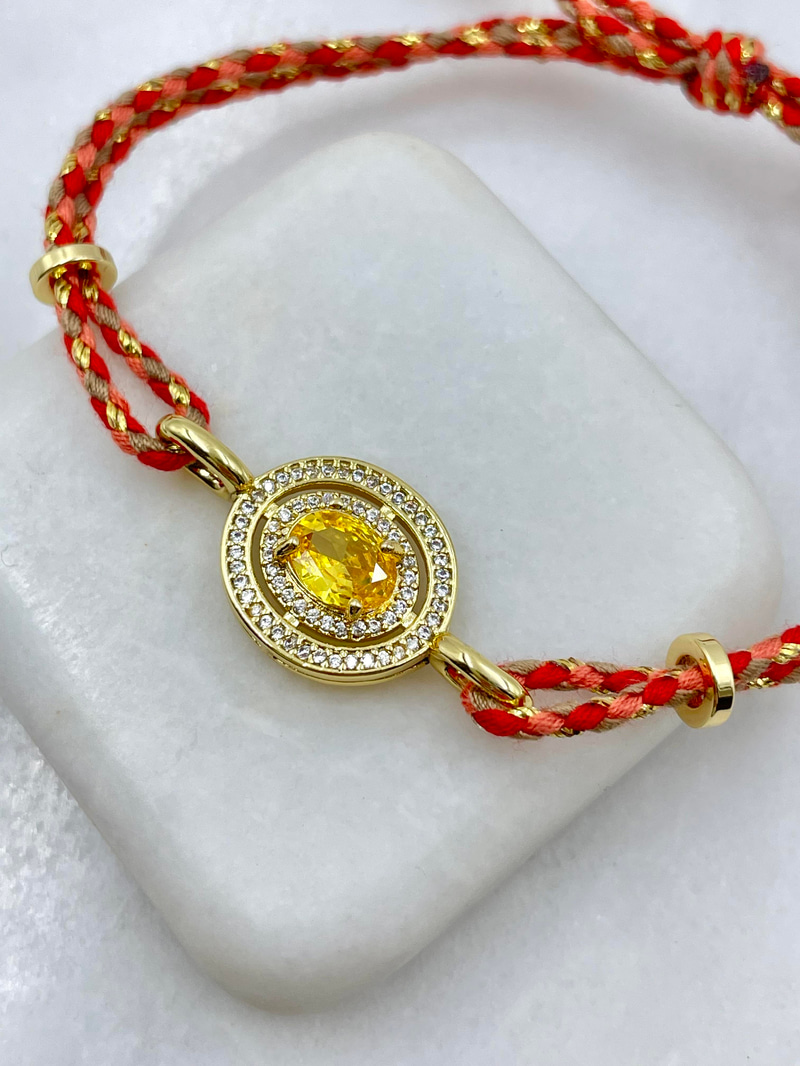 Gömme ve Kristal Taşlı Simli İp Bileklik Sarı