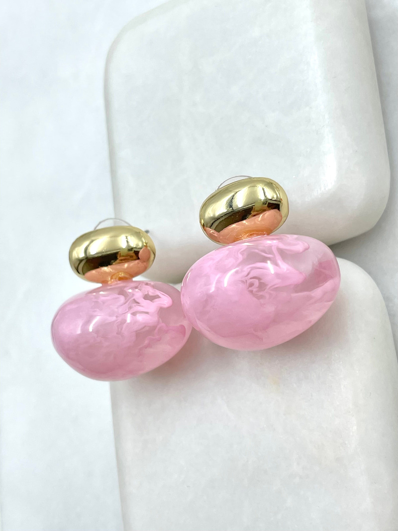 Gold Detaylı Opal Taşlı Vintage Oval Küpe Pembe