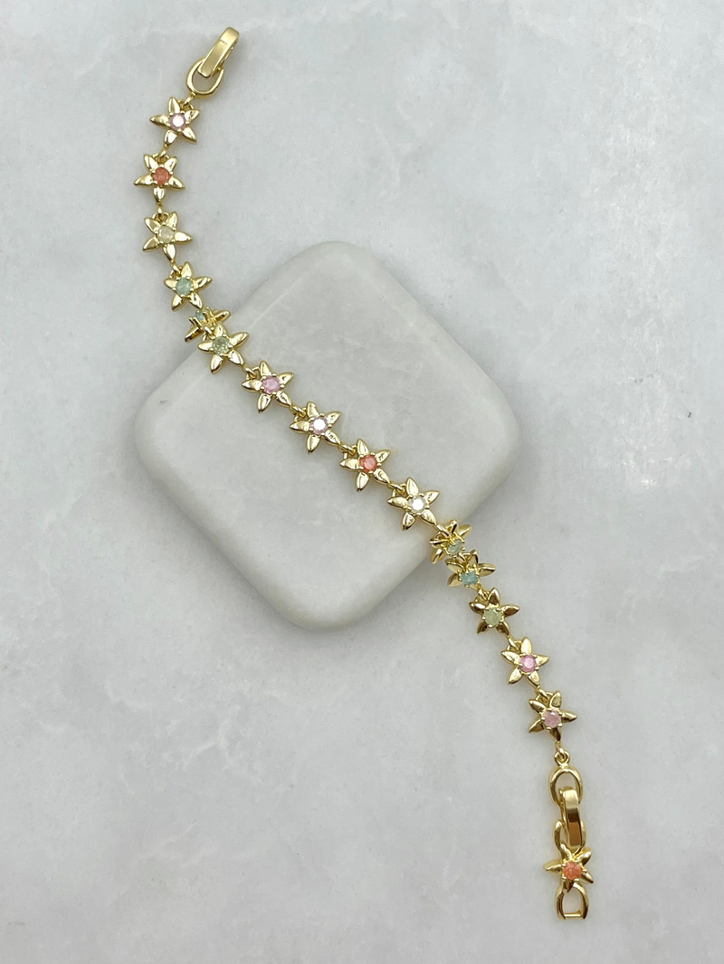 Pastel Kristal Taşlı Çiçek Bileklik Gold